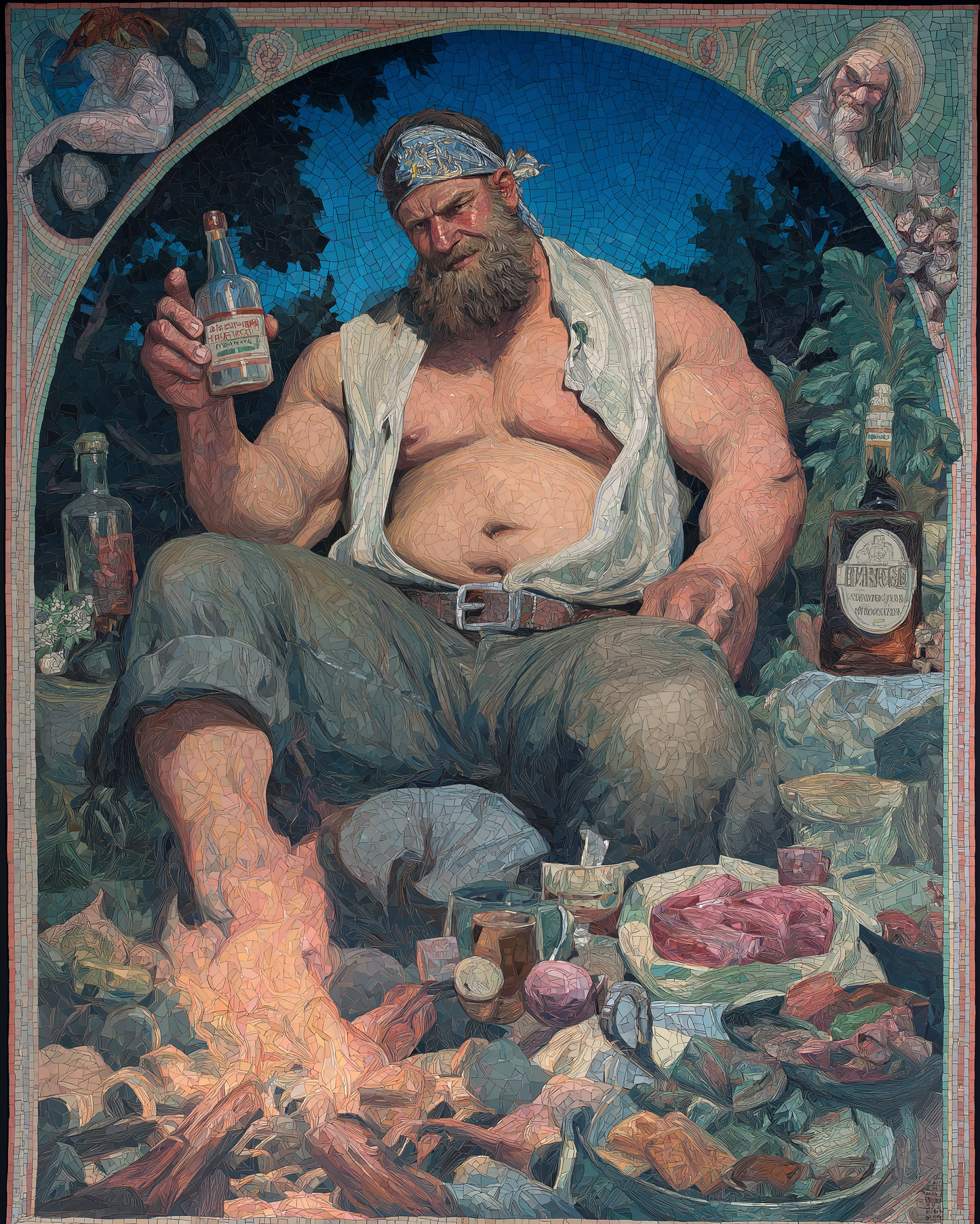 AI Image of A Beefy Chap relaxing by the fire!